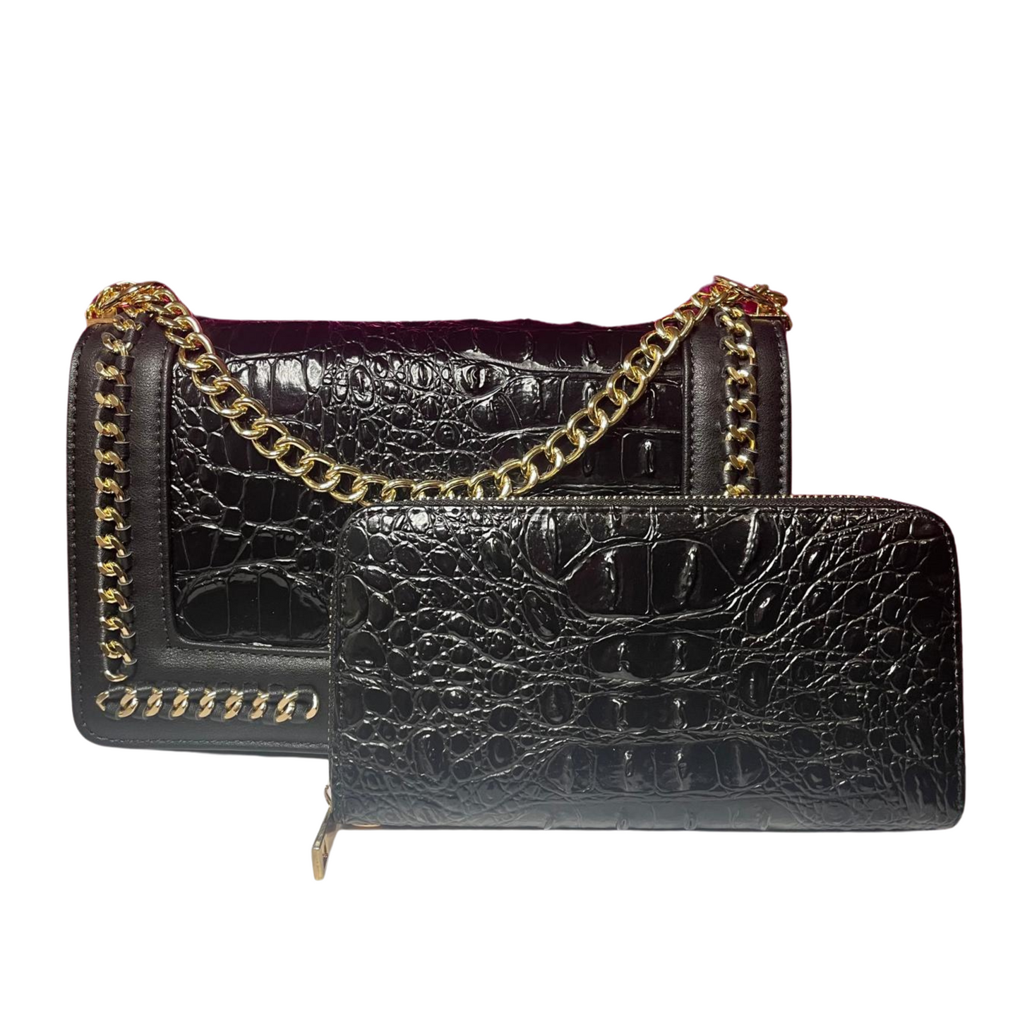 Trendy Woman fashion leather bags black with long wallet and gold keychain