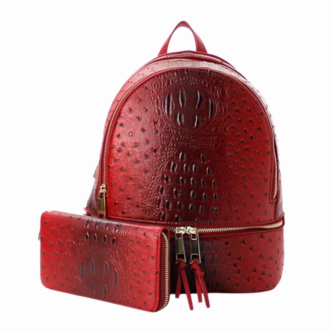 Veloura Red Backpack & Wallet Set – Stylish Faux Crocodile Leather Backpack with Matching Wallet