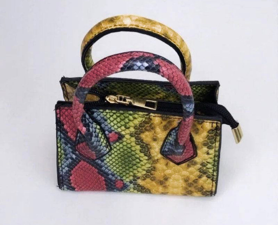 colorful snakeskin faux leather mini everyday fashion women handbag with gold accent