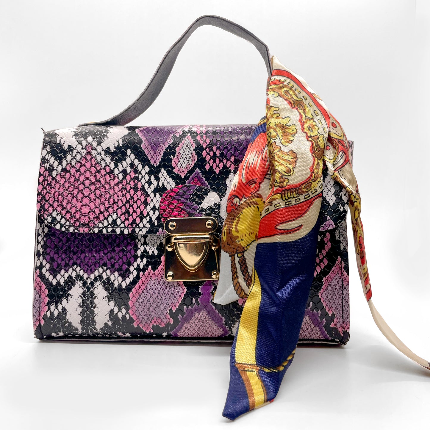 snakeskin faux leather everyday fashion women handbag with twilly