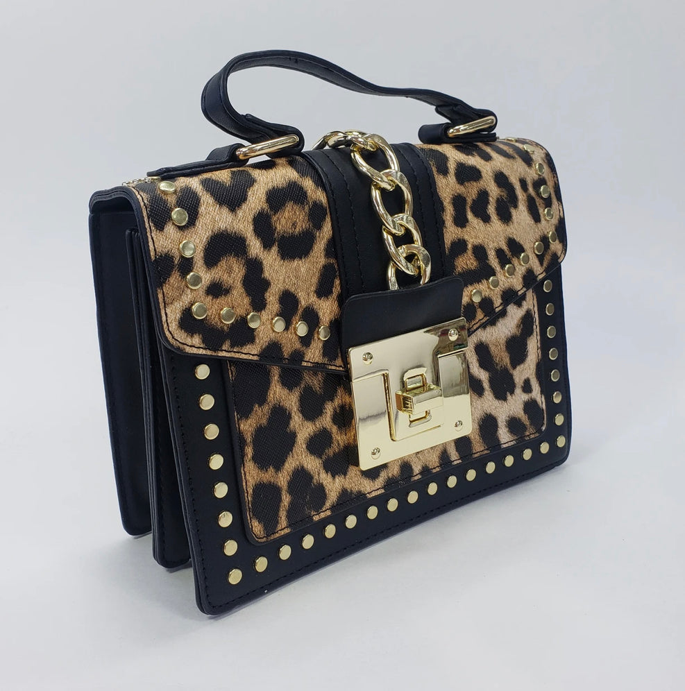 classic leopard everyday fashion trendy bag with gold accent and black strap
