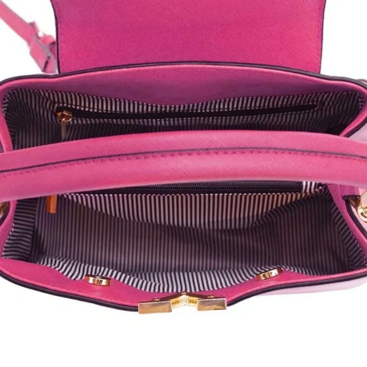 Close-up of a pink handbag with gold hardware on a white background