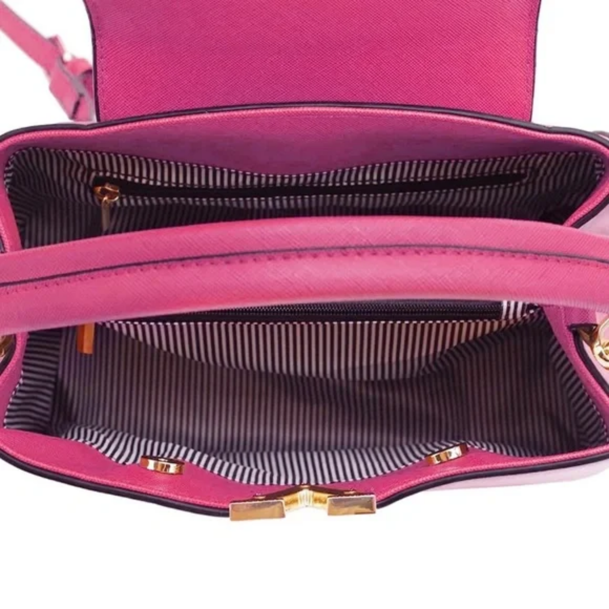 Close-up of a pink handbag with gold hardware on a white background