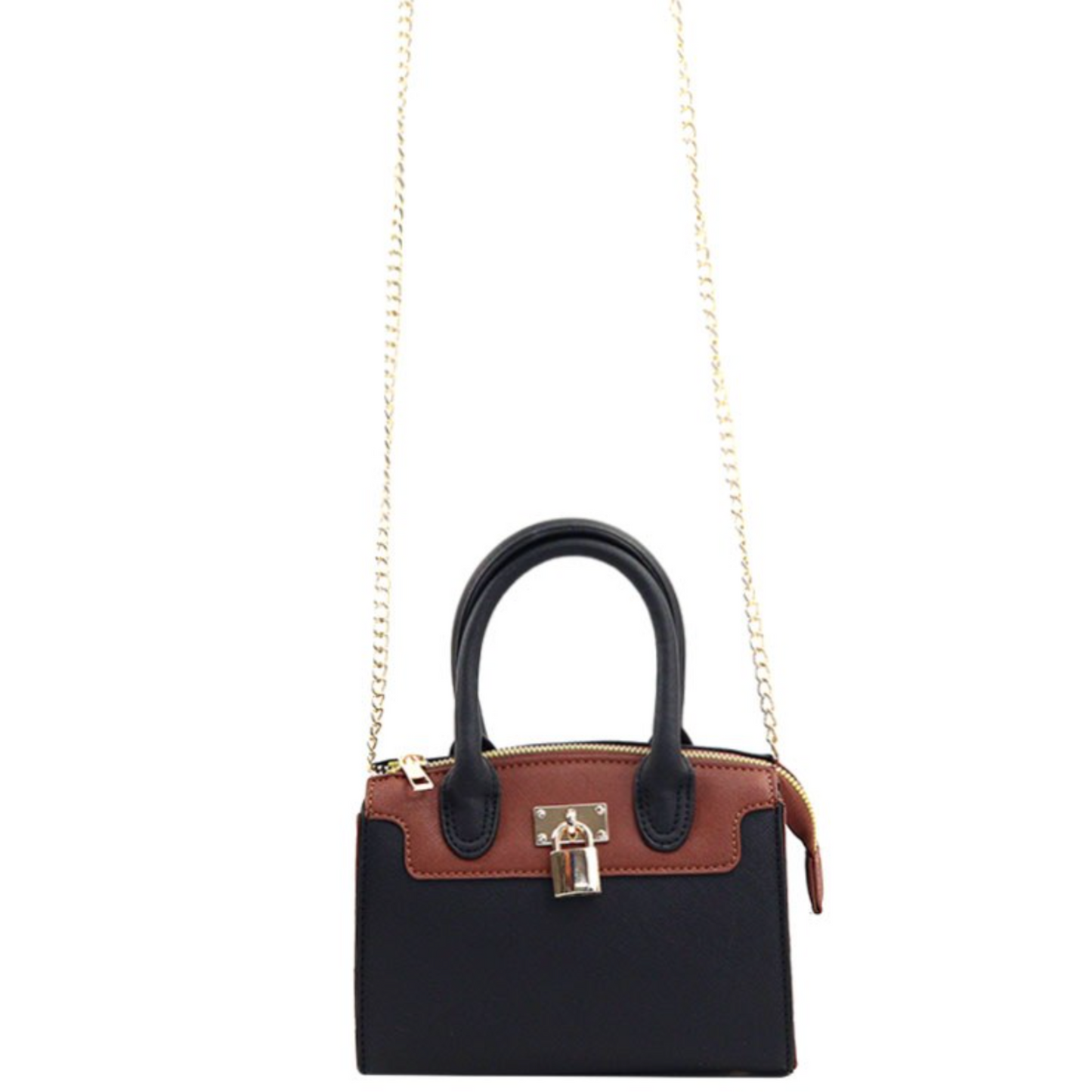 Luxury Brown and Black Leather mini Hand bag with gold buckles 