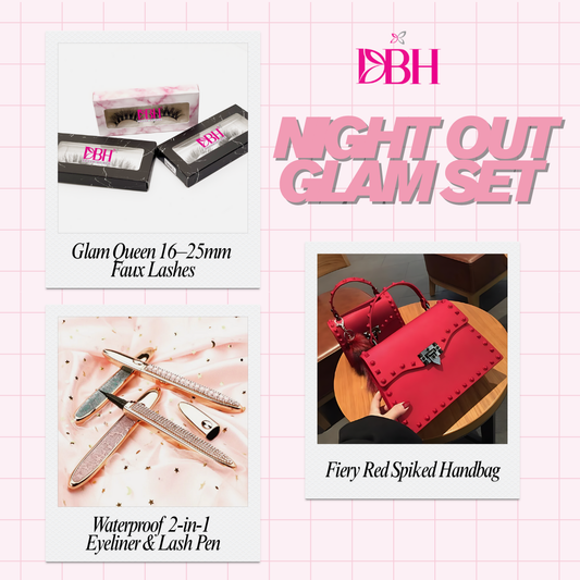 Night Out Glam Set (Fiery Red Spiked Handbag + Glam Queen Lashes + Waterproof 2-in-1 Eyeliner Pen)